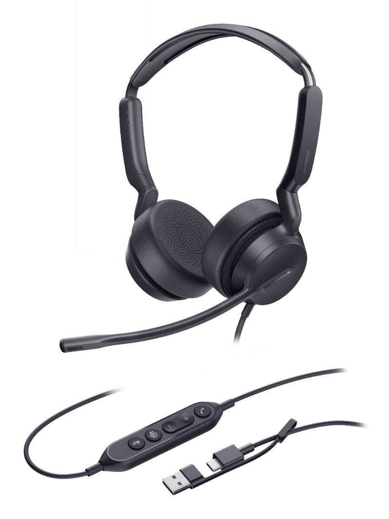Black headset with USB adapter on a white background