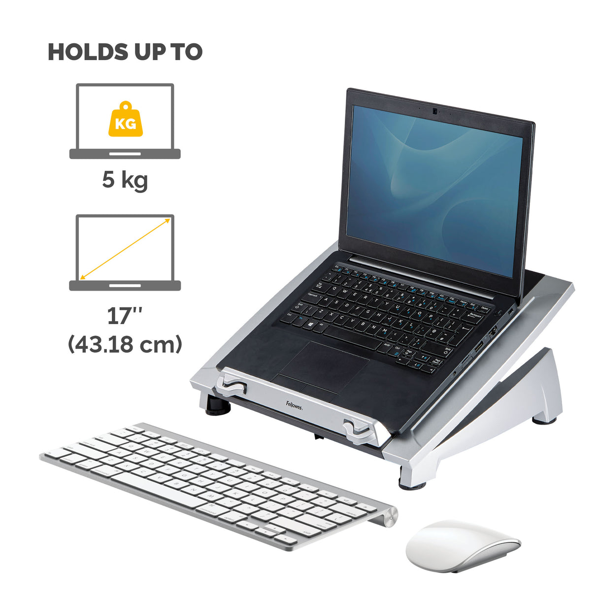 Fellowes Laptop Stand for Desk - Office Suites Plus Adjustable Laptop Stand for the Home and Office - Laptop Riser with 5 Height Adjustments - Max Monitor Size 17", Max Weight 5KG - Black/Silver - 8036701