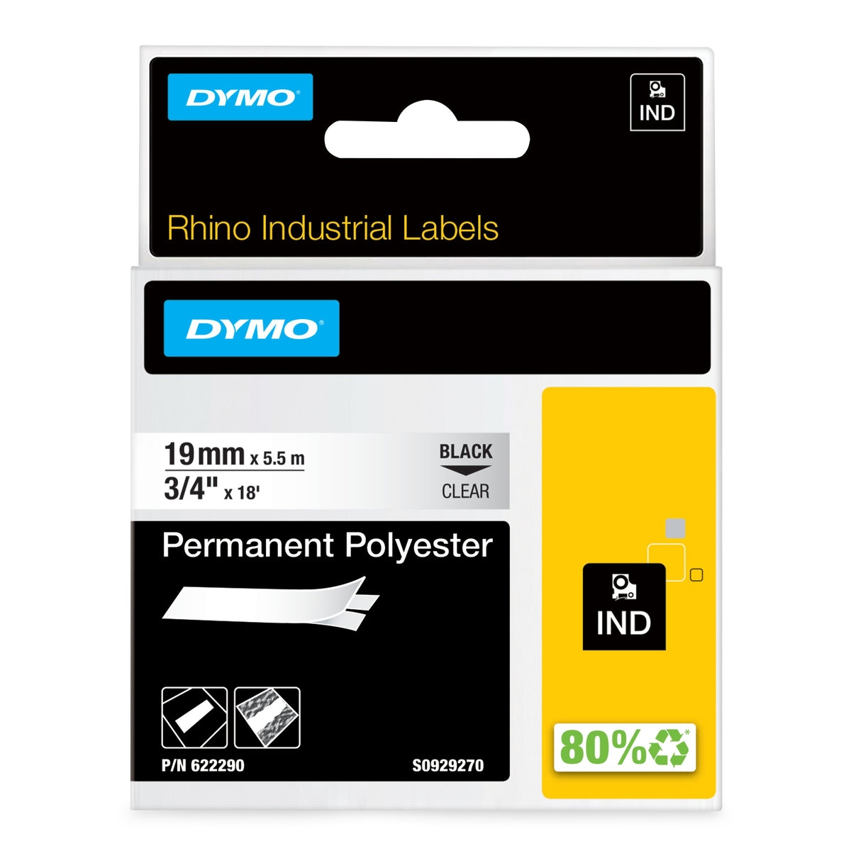 DYMO Rhino Industrial Permanent Polyester Labels | 19 mm x 5.5 m | Black Print on Clear | Self-Adhesive | for LabelManager & Rhino Label Makers - 622290