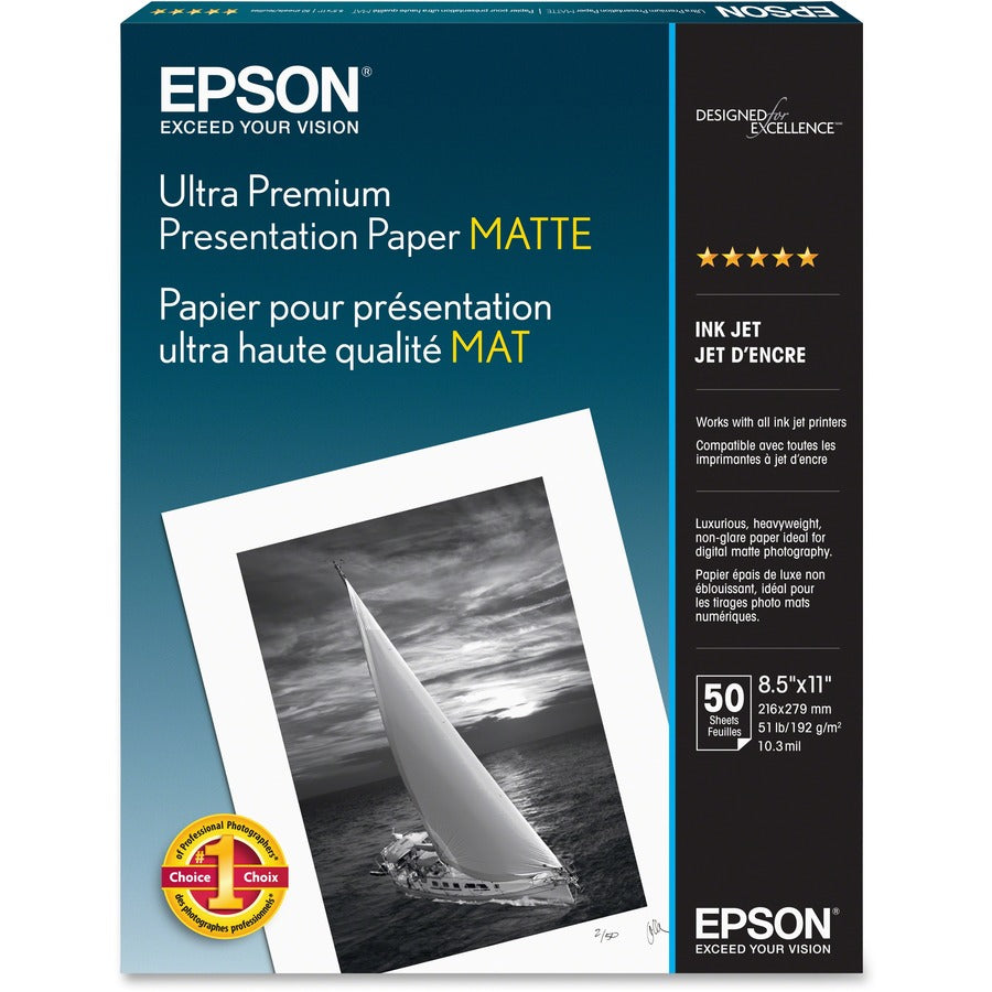 Epson Inkjet Photo Paper - White - 104 Brightness - 94% Opacity - Letter - 8 1/2" x 11" - 49 lb Basis Weight - Matte - 50 / Pack