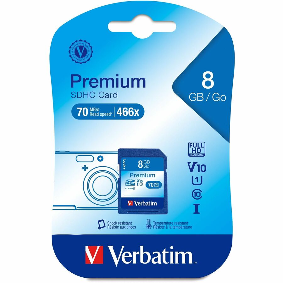 Verbatim 8GB Premium SDHC Memory Card, UHS-I Class 10 - Class 10 - 1 Card/1 Pack - 133x Memory Speed - 96318