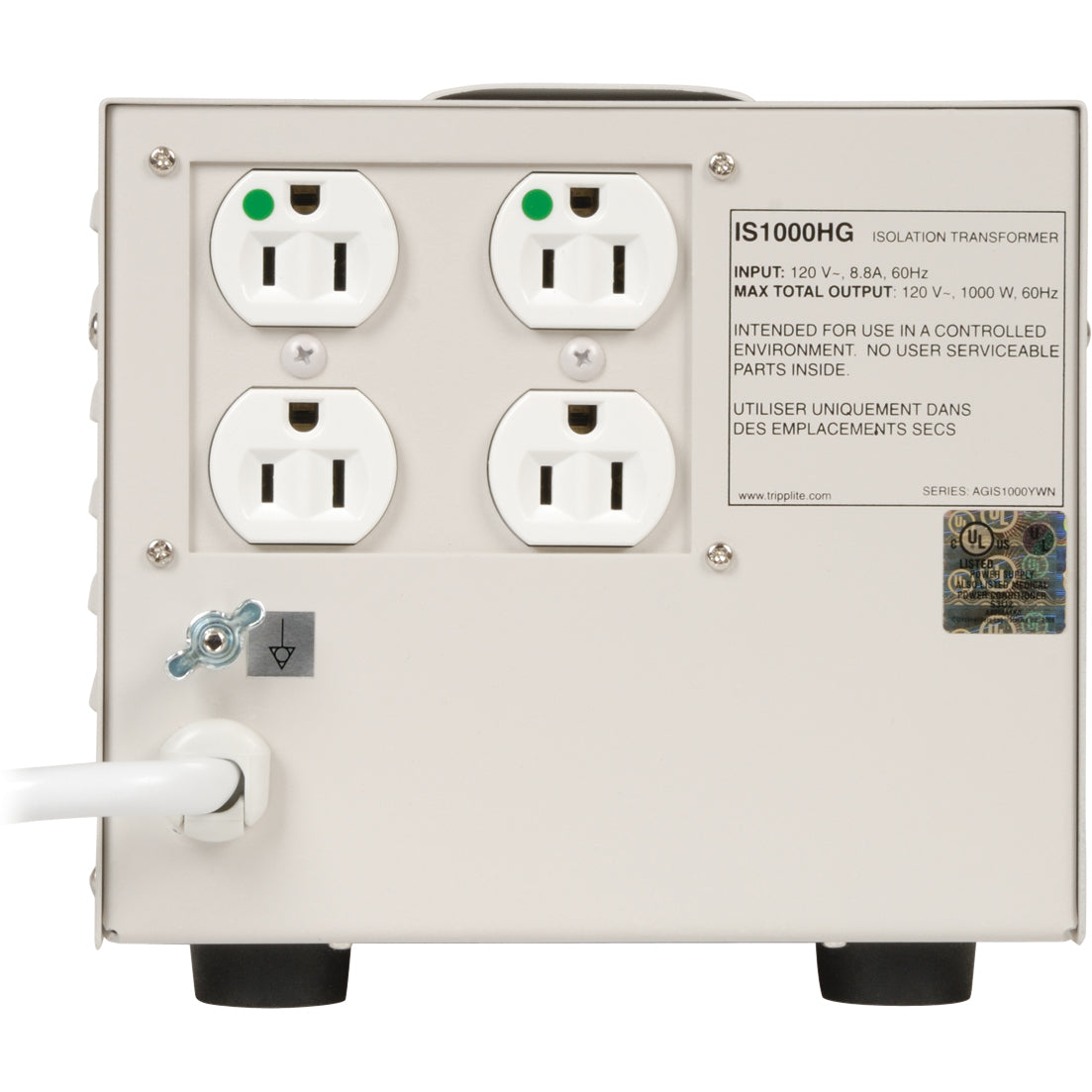 Tripp Lite 1000W Isolation Transformer Hopsital Medical with Surge 120V 4 Outlet 10ft Cord HG TAA GSA - Receptacles: 4 x NEMA 5-15R - 680J - IS1000HG