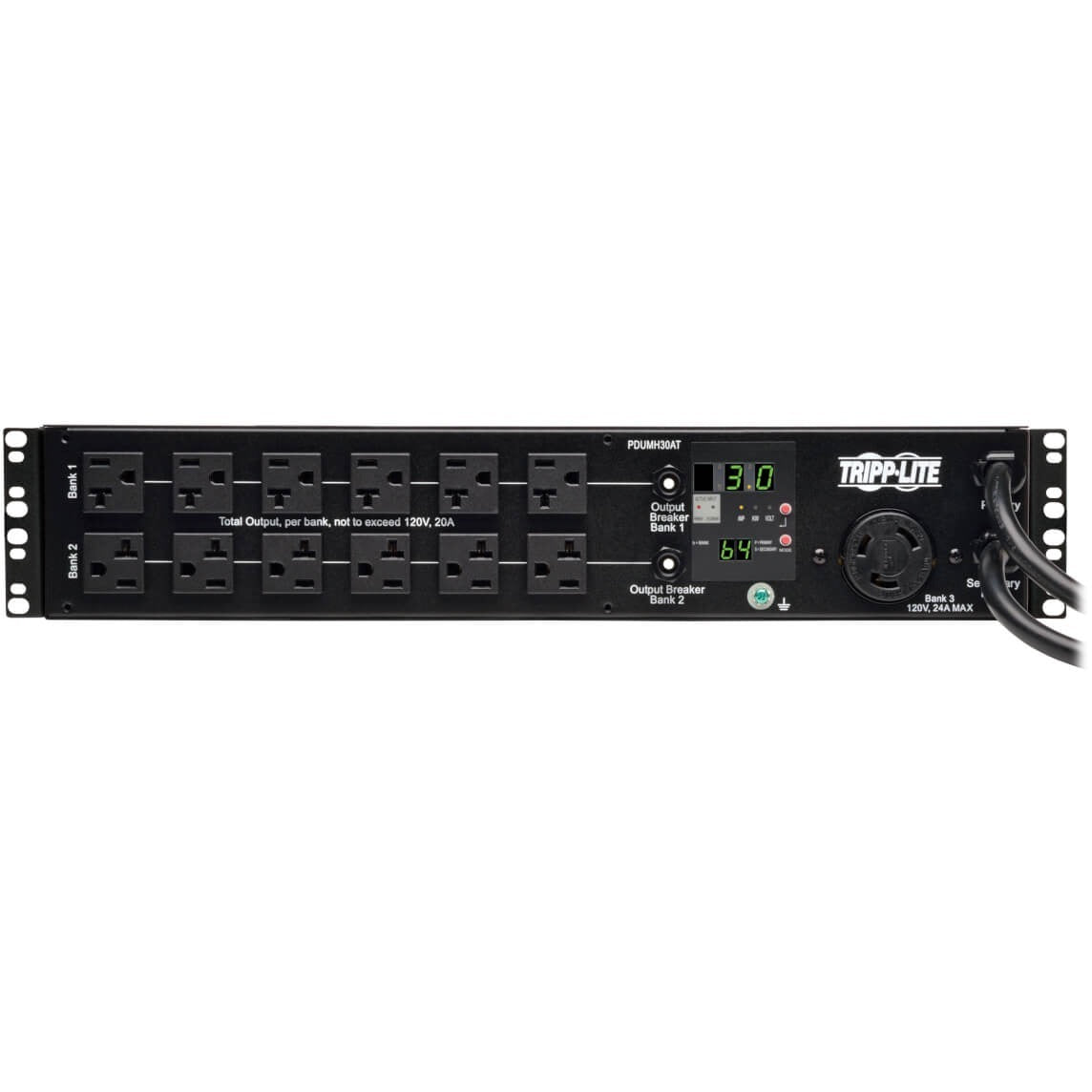 Tripp Lite PDU Metered ATS 120V 30A 24 5-15/20R; 1 L5-30R 2 L5-30P 2URM - 24 x NEMA 5-15/20R, 1 x NEMA L5-30R - 2UHorizontal Rackmount, Wall Mountable - PDUMH30AT