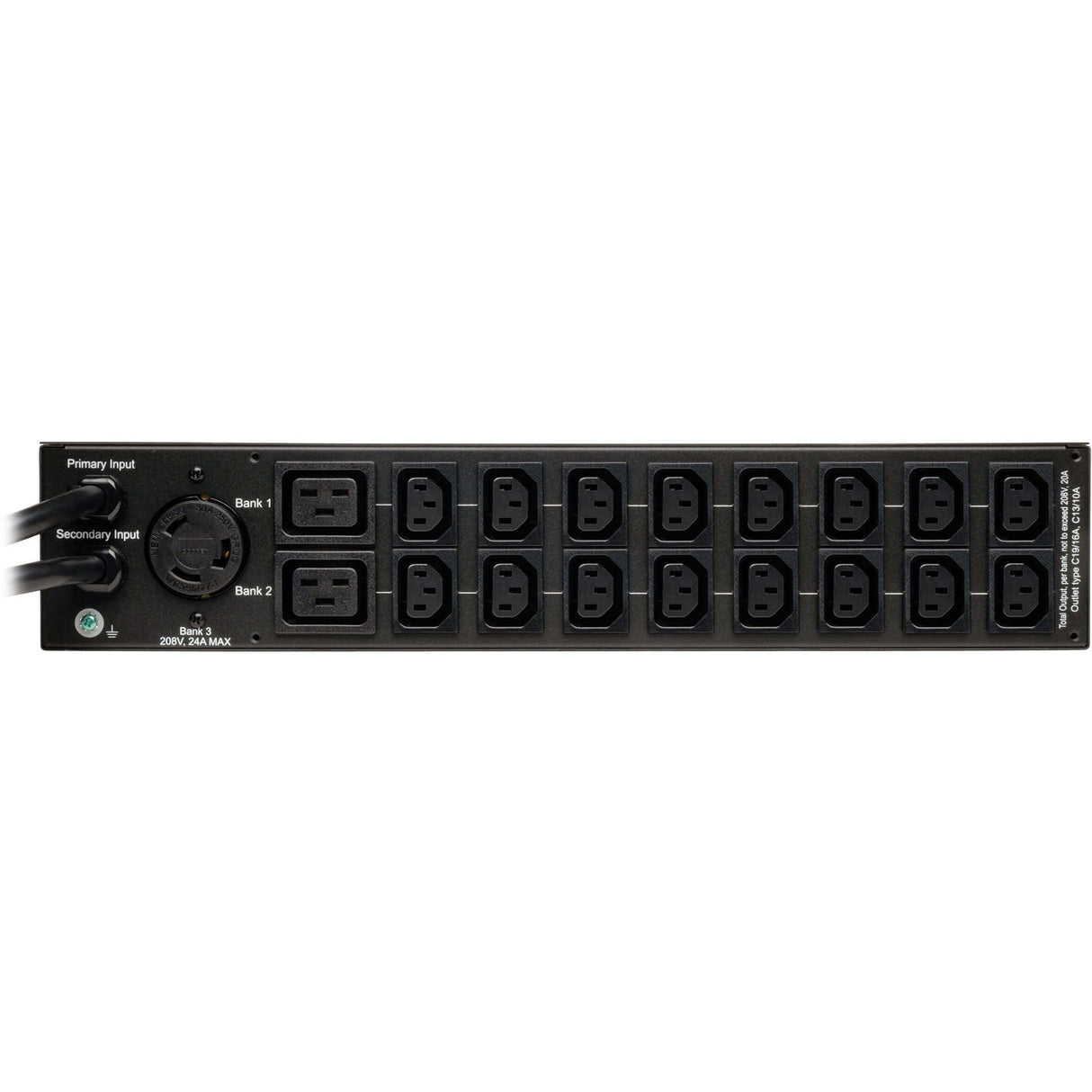 Tripp Lite PDU Metered ATS 208V / 240V 30A 16 C13; 2 C19; 1 L6-30R 2URM - 2UHorizontal Rackmount - PDUMH30HVAT