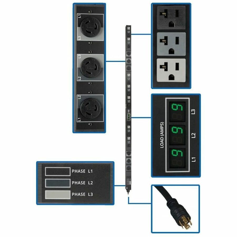 Tripp Lite PDU 3-Phase Metered 208/120V 5.7 kW 21 5-15/20R; 6 L6-20R 0URM - 6 x NEMA L6-20R, 21 x NEMA 5-15/20R - 5.70 kVA - Vertical Rackmount, Toolless-mount - PDU3MV6L2120B