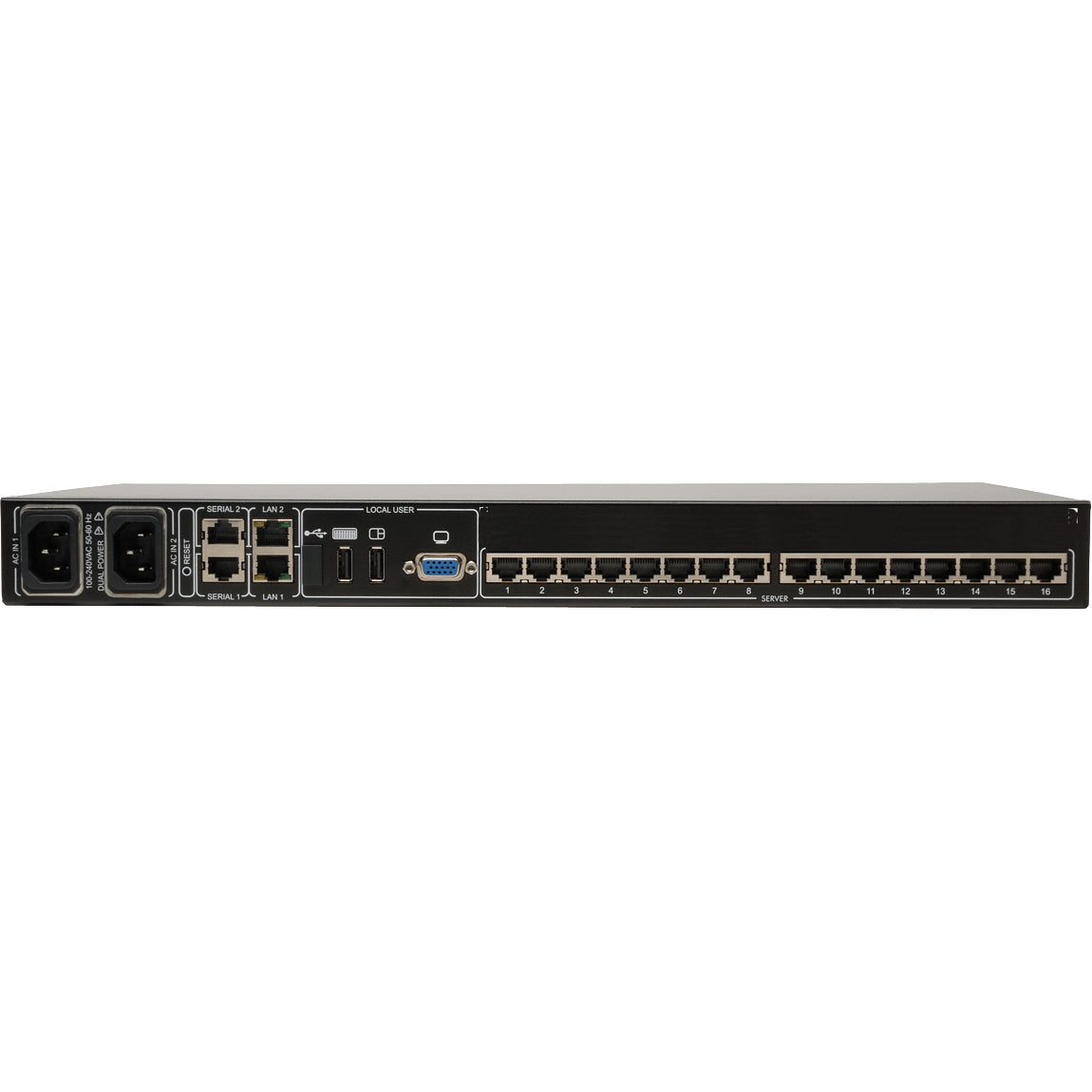 Tripp Lite 16-Port Cat5 IP KVM Switch 1 Local 2 Remote User 1URM Rackmount - 16 Computer(s) - 1 Local User(s) - 2 Remote User(s) - 1920 x 1080 - 20 x Network (RJ-45) - 2 x USB1 x VGA - Rack-mountable ... - B072-016-IP2