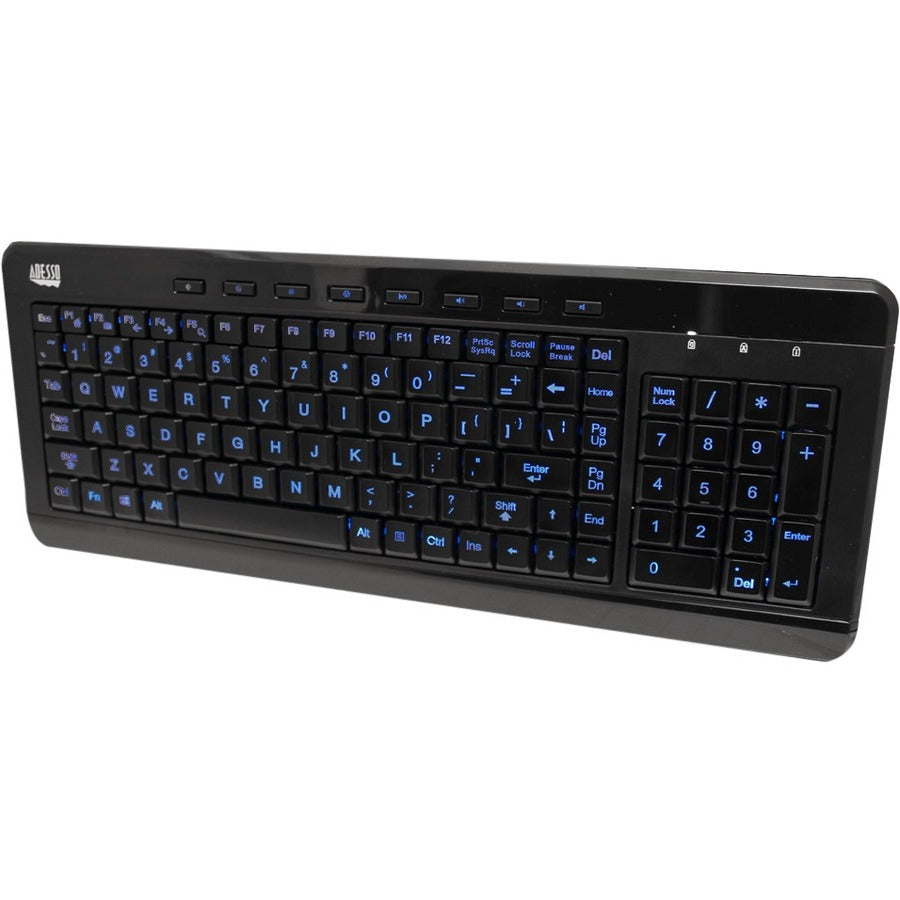 Adesso 3-Color Illuminated Compact Multimedia Keyboard - Cable Connectivity - USB Interface Backlight On/Off, Play/Pause, Mute, Volume Down, Volume Up, Illumination Key, Adjustable Brightness, Windows... - AKB-120EB