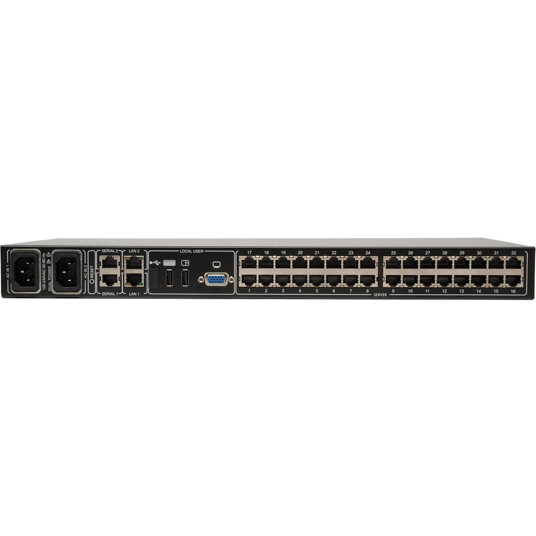 Tripp Lite 32-Port Cat5 IP KVM Switch 1 Local 2 Remote 16 USB Dongles Rackmount - 32 Computer(s) - 1 Local User(s) - 2 Remote User(s) - 1920 x 1080 - 36 x Network (RJ-45) - 2 x USB1 x VGA - Rack-mount... - B072-032-IP2-K