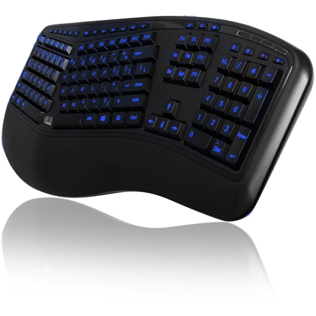 Adesso Color Illuminated Ergonomic Keyboard - Cable Connectivity - USB Interface - 105 Key Media Player, Internet, Multimedia, Play/Pause, Stop, Previous Track, Next Track, Volume Down, Volume Up, Mut... - AKB-150EB