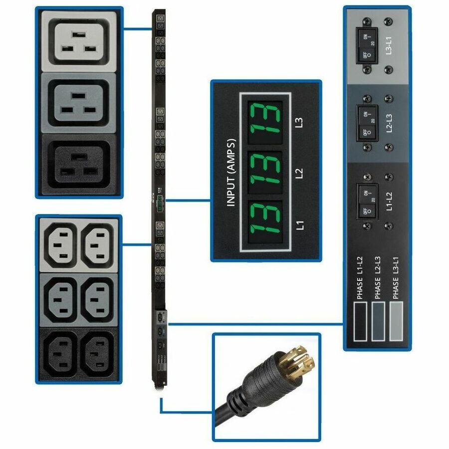 Tripp Lite PDU 3-Phase Metered 208V 8.6kW L21-30P 36 C13; 9 C19 0URM TAA - Vertical Rackmount, Toolless-mount - PDU3MV6L2130A