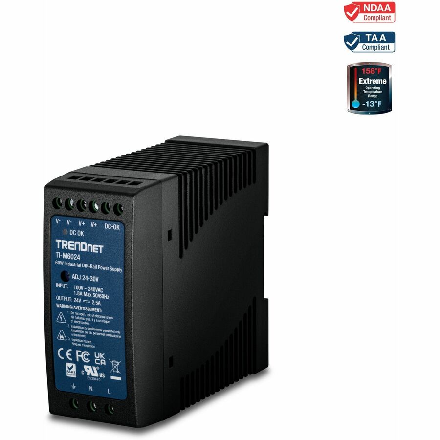 TRENDnet 60 W Single Output Industrial DIN-Rail Power Supply, Universal AC Input, Extreme -20 to 70 °C (-4 to 158 °F) Operating Temp, TI-M6024 - 60 W Single Output Industrial DIN-Rail Power Su - TI-M6024 - eCommerce Business Prime