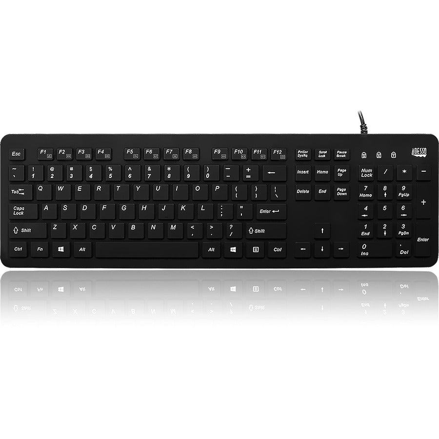 Adesso Antimicrobial Waterproof Desktop Keyboard - Cable Connectivity - USB Interface - 104 Key - English (US) - QWERTY Layout - Computer, MAC - TouchPad - PC, Windows, Mac OS - Membrane Keyswitch - Black