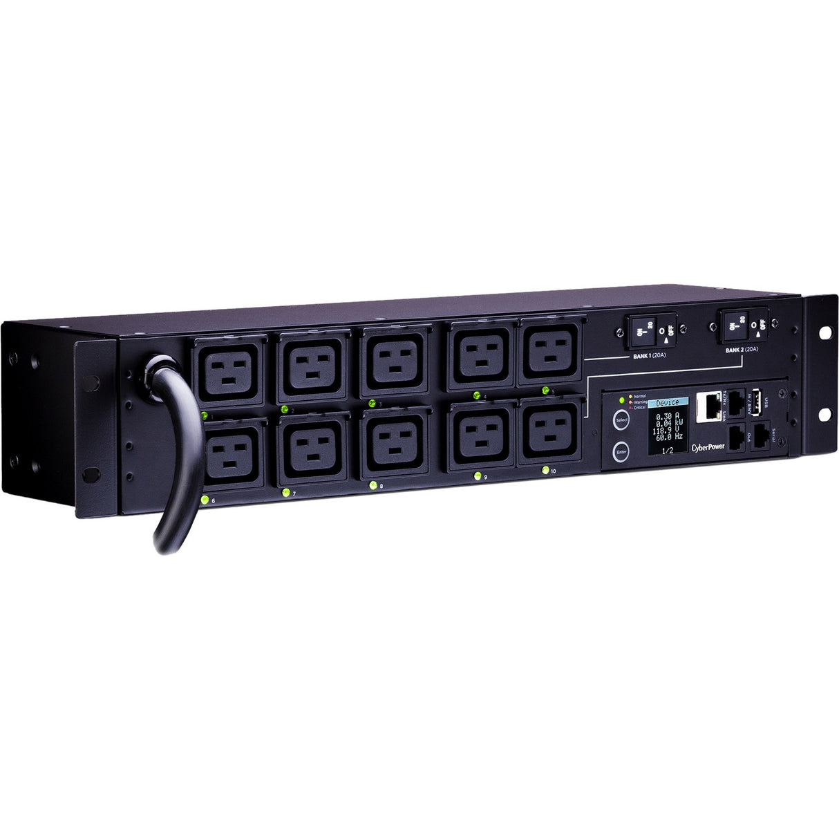 CyberPower PDU81009 200 - 240 VAC 30A Switched Metered-by-Outlet PDU - 10 Outlets, 12 ft, NEMA L6-30P, Horizontal, 2U, LCD, 3YR Warranty - PDU81009