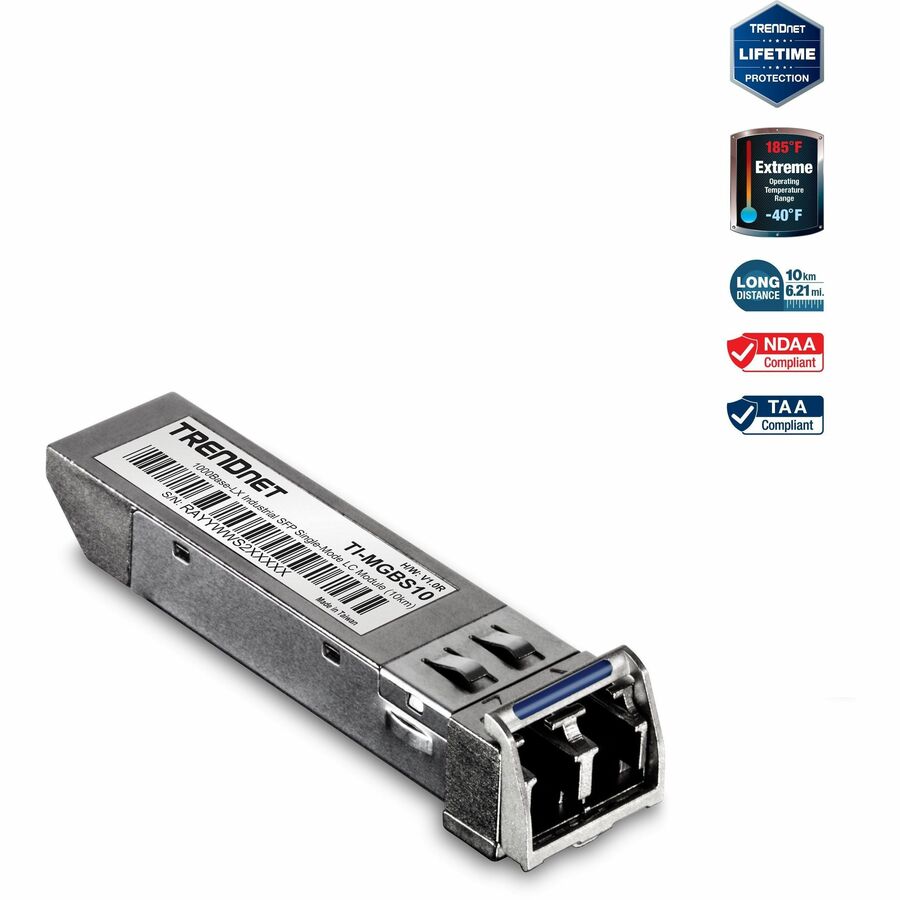 TRENDnet SFP to RJ45 Industrial Single-Mode LC Module (10km); TI-MGBS10; 1000Base-LX Industrial SFP; Compliant with IEEE 802.3z Gigabit Ethernet; Data Rates of up to 1.25Gbps; Lifetime Protection - Ha... - TI-MGBS10 - eCommerce Business Prime