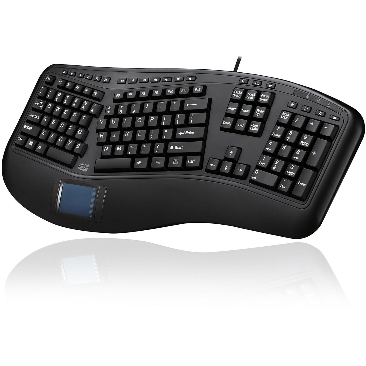 Adesso Tru-Form Ergonomic Touchpad Keyboard - Cable Connectivity - USB Interface - 104 Key Play/Pause, Previous Track, Next Track, Volume Down, Volume Up, Mute, Eject, Home, Back, Forward, Refresh, ..... - AKB-450UB