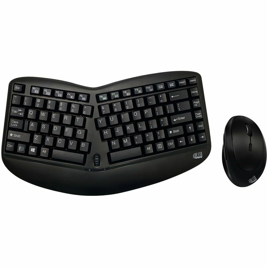 Adesso Tru-Form Wireless Ergo Mini Keyboard & Mouse - USB Membrane Wireless RF Keyboard - 87 Key - English (US) - Black - USB Wireless RF Mouse - Optical - 1600 dpi - Scroll Wheel - QWERTY - Black - P... - WKB-1150CB