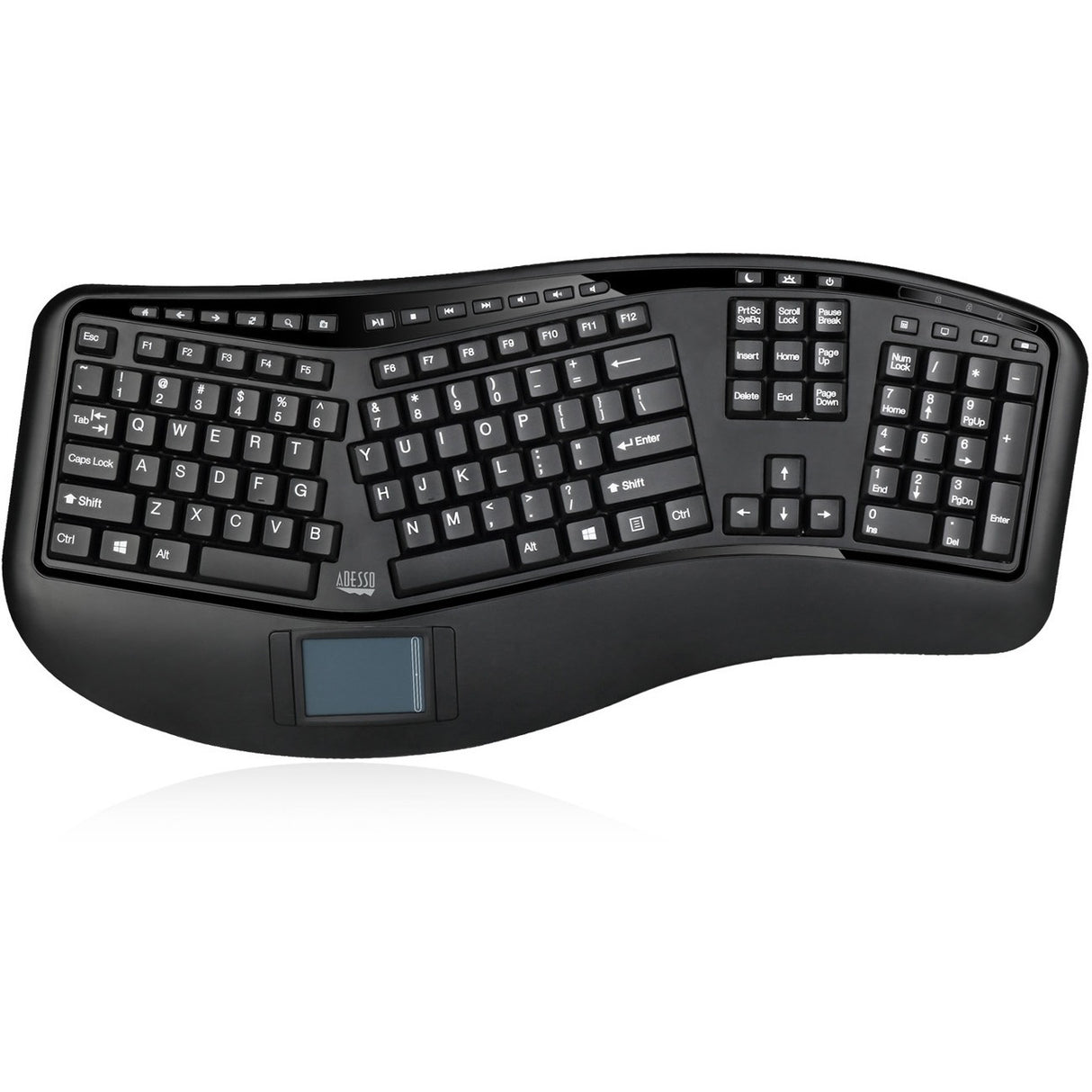 Adesso 2.4GHz Wireless Ergonomic Touchpad Keyboard - Wireless Connectivity - RF - 30 ft - 2.40 GHz - USB Interface - 105 Key Previous Track, Next Track, Play/Pause, Volume Up, Volume Down, Mute, Forwa - WKB-4500UB
