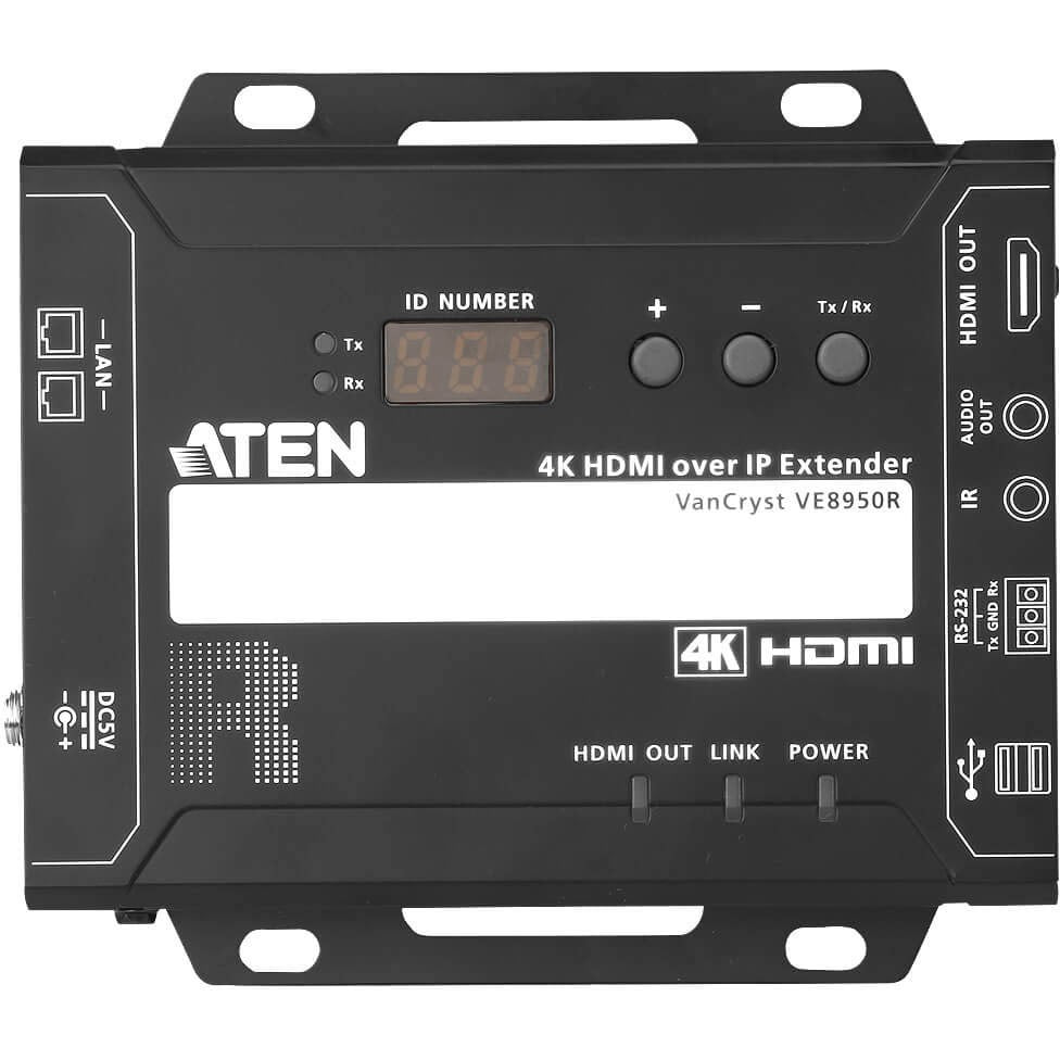 ATEN VE8950R 4K HDMI over IP Receiver-TAA Compliant - 1 Remote User(s) - 4K - 4096 x 2160 Maximum Video Resolution - 2 x Network (RJ-45) - 2 x USB - 1 x HDMI - 5 V DC Input Voltage - For PC - VE8950R