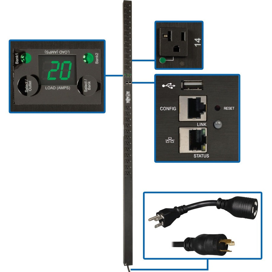 Tripp Lite PDU Switched 120V 20A 24 5-15/20R L5-20P LX Interface 0URM TAA - Switched - NEMA 5-20P, NEMA L5-20P - 24 x NEMA 5-15/20R - 120 V AC - 0U - Vertical - Rack Mount - Rack-mountable - TAA Compl - PDUMVR20NETLX