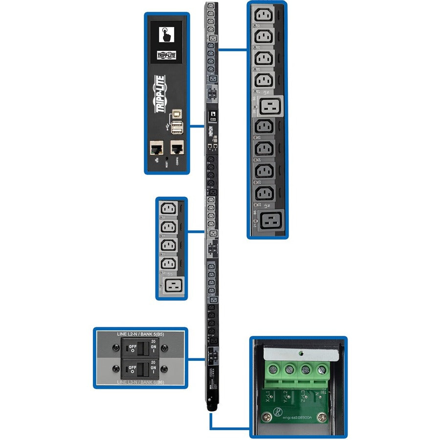 Tripp Lite 3-Phase PDU Switched 28.8kW 220-240V 24 C13 6 C19 Touchscreen 0U - Switched - Hardwired - 6 x IEC 60320 C19, 24 x IEC 60320 C13 - 380 V AC, 400 V AC, 415 V AC - 0U - Vertical - Rack Mount -... - PDU3XEVSRHWB