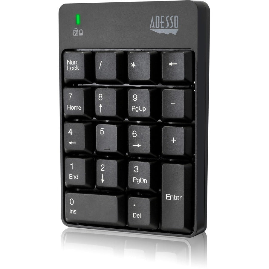 Adesso Wireless Spill Resistant 18-Key Numeric Keypad - Wireless Connectivity - RF - 30 ft - 2.40 GHz - USB Interface - 18 Key - English (US) - Computer - Windows - Membrane Keyswitch - AAA Battery Si - WKB-6010UB