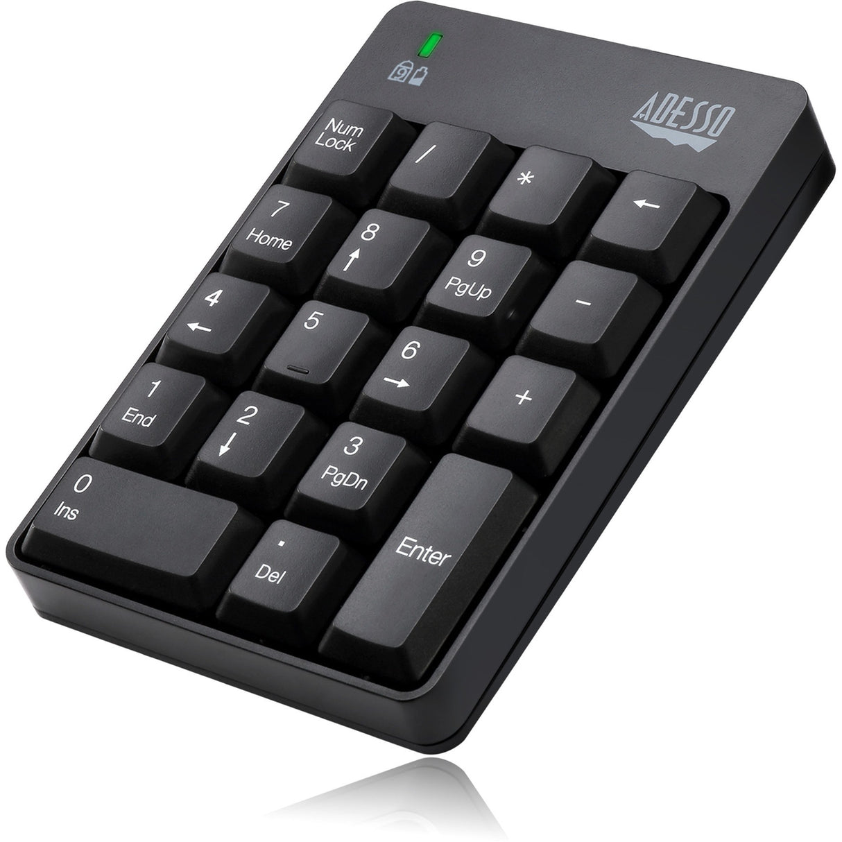 Adesso Wireless Spill Resistant 18-Key Numeric Keypad - Wireless Connectivity - RF - 30 ft - 2.40 GHz - USB Interface - 18 Key - English (US) - Computer - Windows - Membrane Keyswitch - AAA Battery Si - WKB-6010UB