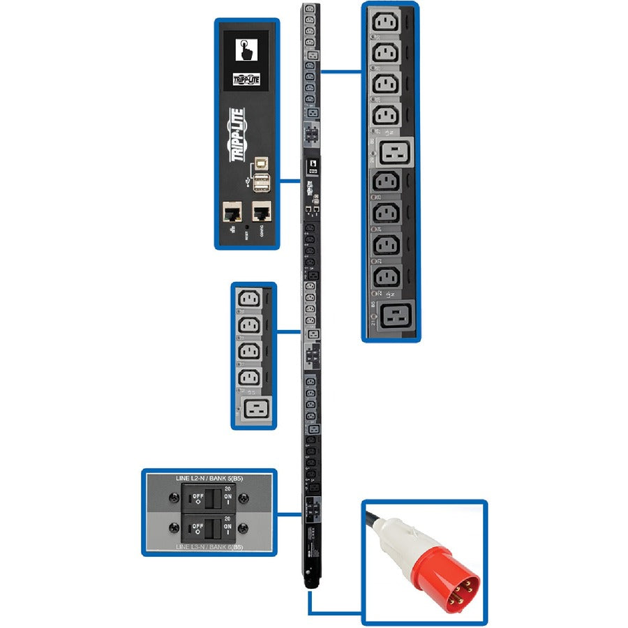 Tripp Lite 3-Phase PDU Switched 27.7kW 220/230V 24 C13; 6 C19 63A IEC309 - Switched - IEC 60309 63A Red 3P+N+E - 24 x IEC 60320 C13, 6 x IEC 60320 C19 - 380 V AC, 400 V AC - Network (RJ-45) - 0U - Ver... - PDU3XEVSR6G63B