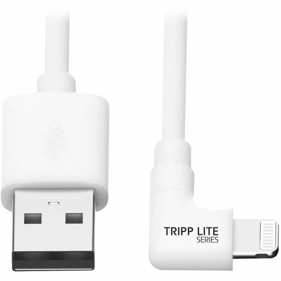 Tripp Lite Lightning to USB Sync Charge Cable Right-Angle for iPhones iPads Apple White 3ft 3' - Lightning/USB for iPod, iPad, iPhone, Wall Charger - 60 MB/s - 3 ft - 1 x Type A Male USB - 1 x Lightni... - M100-003-LRA-WH