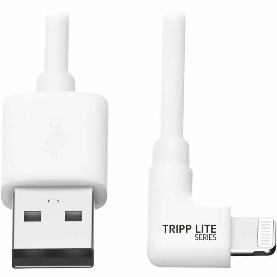 Tripp Lite Lightning to USB Sync Charge CAble Right-Angle for iPhones iPads Apple White 6ft 6' - Lightning/USB for iPod, iPad, iPhone, Wall Charger - 60 MB/s - 6 ft - 1 x Type A Male USB - 1 x Lightni... - M100-006-LRA-WH
