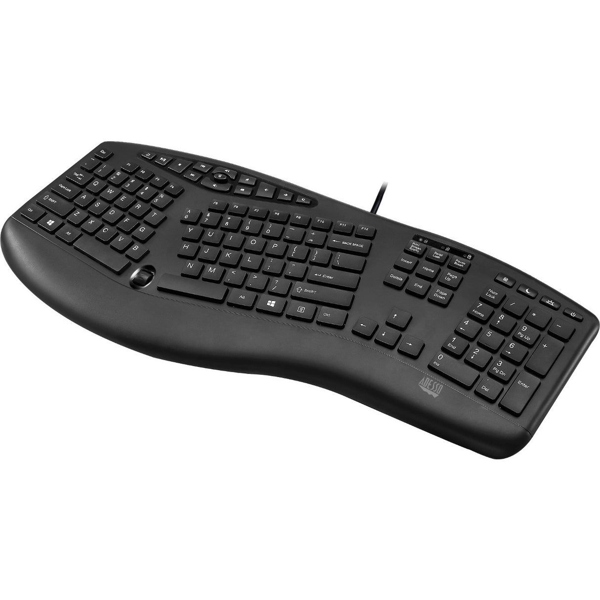 Adesso TruForm Ergonomic Desktop Keyboard - Cable Connectivity - USB Interface - 104 Key Home, Back, Forward, Search, Email, Sleep, Wake-up, Power, Media Player, Calculator, Play/Pause, ... Hot Key(s)... - AKB-160UB