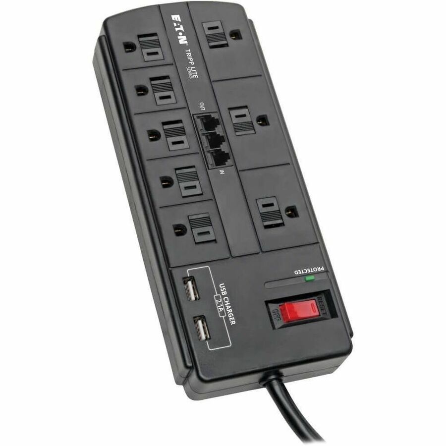 Tripp Lite Surge Protector 8-Outlet 2 USB Charging Ports Tel/Modem 8ft Cord - 8 x NEMA 5-15R, 2 x USB - 1875 VA - 1200 J - 120 V AC Input - Fax/Modem/Phone - TLP88TUSBB