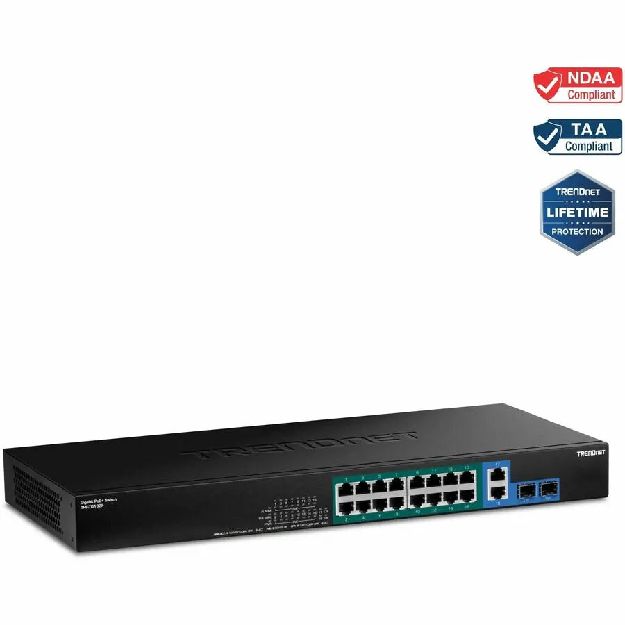 TRENDnet 18-Port Gigabit High Power Poe+ Switch; 16 X Gigabit Poe+ Ports; 2 X Shared Gigabit Ports; 36Gbps Switching Capacity; 440W PoE Power Budget; TPE-TG182F - 18-port Gigabit High Power PoE+ Switc... - TPE-TG182F - eCommerce Business Prime