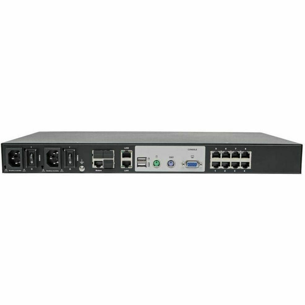 Tripp Lite Cat5 KVM Switch Over IP 8-Port w/ Virtual Media 2 Users 1URM TAA - 8 Computer(s) - 1 Local User(s) - 1 Remote User(s) - 11 x Network (RJ-45) - 2 x PS/2 Port - 6 x USB1 x VGA - Rack-mountabl... - B064-008-01-IPG