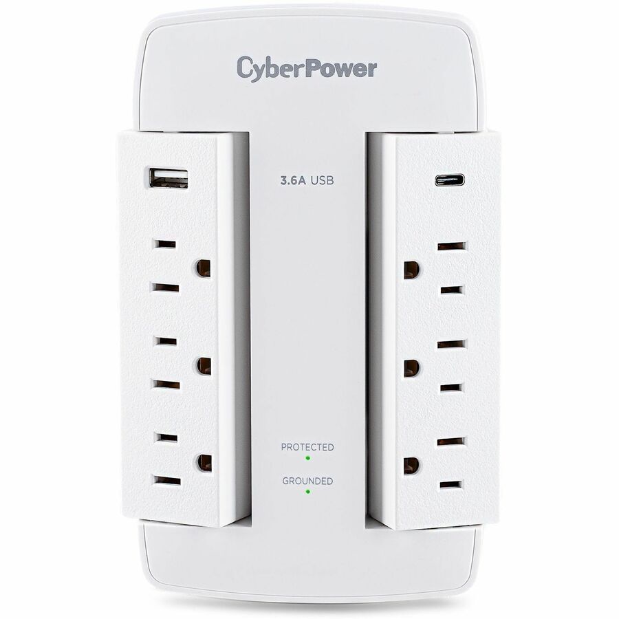 CyberPower CSP600WSURC5 Professional 6 - Outlet Surge with 900 J - NEMA 5-15P, Wall Tap, 2 - 3.6 Amps (Shared) USB, Lifetime Warranty - CSP600WSURC5