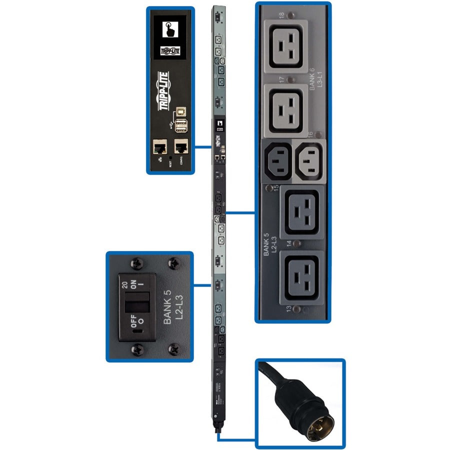 Tripp Lite PDU 3-Phase Monitored 6 C13 12 C19 208V 50A 14.4kW 0URM TAA - Monitored - Hubbel CS8365C 50A - 6 x IEC 60320 C13, 12 x IEC 60320 C19 - 230 V AC - Network (RJ-45) - 0U - Vertical/Toolless - ... - PDU3EVNR6H50A