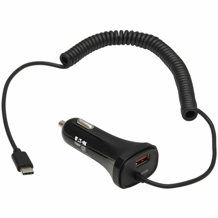 Tripp Lite USB Car Charger Dual Port 30W USB-A & USB C w Coiled Cord 6ft - 12 V DC Input - 3.6 V DC/3 A, 6 V DC, 9 V DC, 12 V DC Output - Black - U280-C02-30W-C6