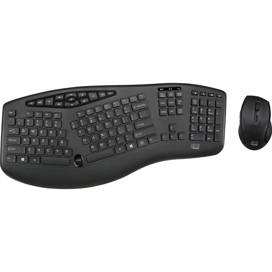 Adesso TruForm Wireless Ergonomic Keyboard And Optical Mouse - USB Membrane Wireless RF 2.40 GHz Keyboard - 104 Key - English (US) - Black - USB Wireless RF Mouse - Optical - 1600 dpi - Scroll Wheel -... - WKB-1600CB