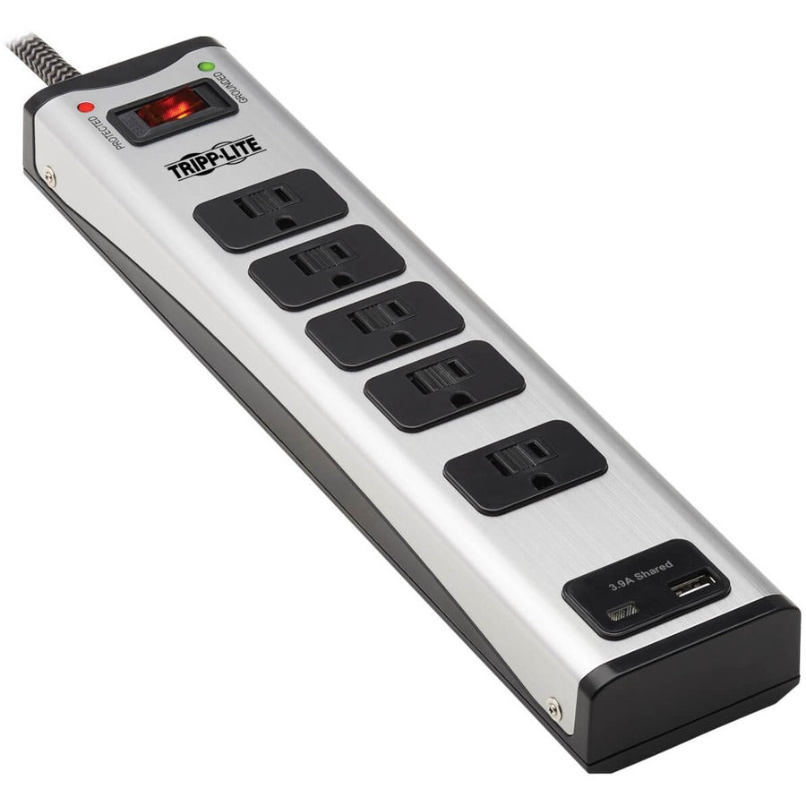 Tripp Lite Surge Protector Power Strip 5-Outlet Metal with USB-A & USB C Charging - 5 x NEMA 5-15R, 2 x USB - 1800 VA - 2100 J - 120 V AC Input - TLM506USBC