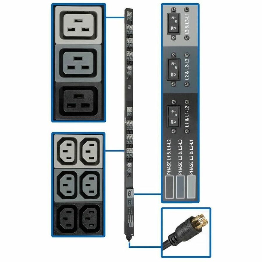 Tripp Lite PDU 3-Phase Basic 208/120V 8.6kW 36 C13 6 C19 6 5-15/20R 70in 0U - Basic - NEMA L21-30P - 36 x IEC 60320 C13, 6 x IEC 60320 C19, 6 x NEMA 5-15/20R - 230 V AC - 0U - Vertical/Toolless - Rack... - PDU3V6L2130