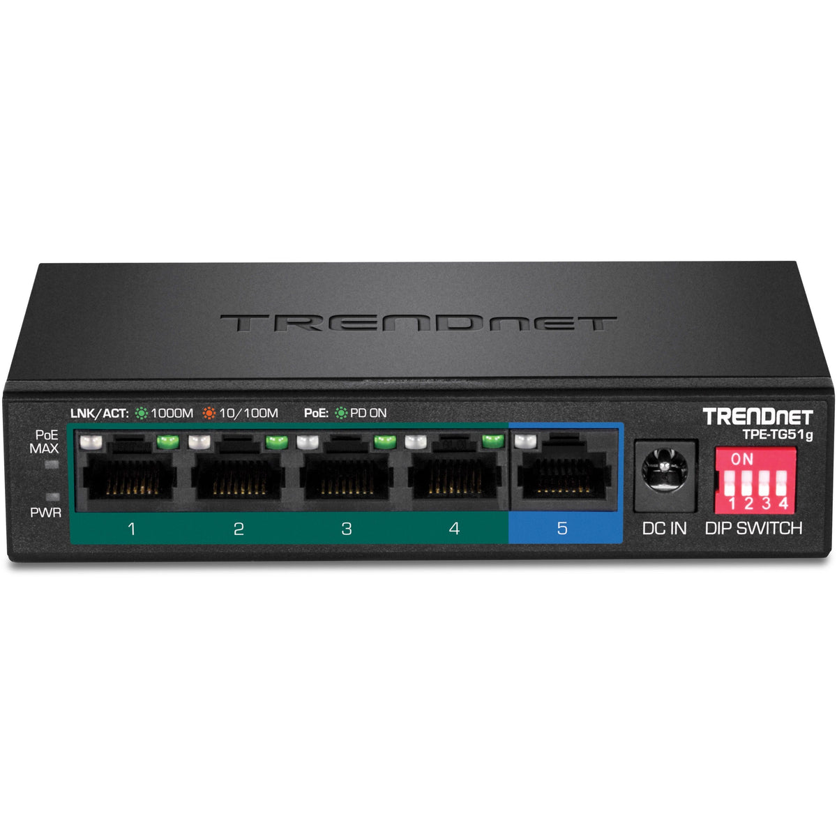 TRENDnet 5-Port Gigabit PoE+ Switch, Camera DIP Switch extends PoE+ 200m (656 ft.), 60W PoE Budget, Black, TPE-TG51g - 5 Ports - Gigabit Ethernet - 1000Base-T - 2 Layer Supported - Power Adapter - 64.... - TPE-TG51G - eCommerce Business Prime