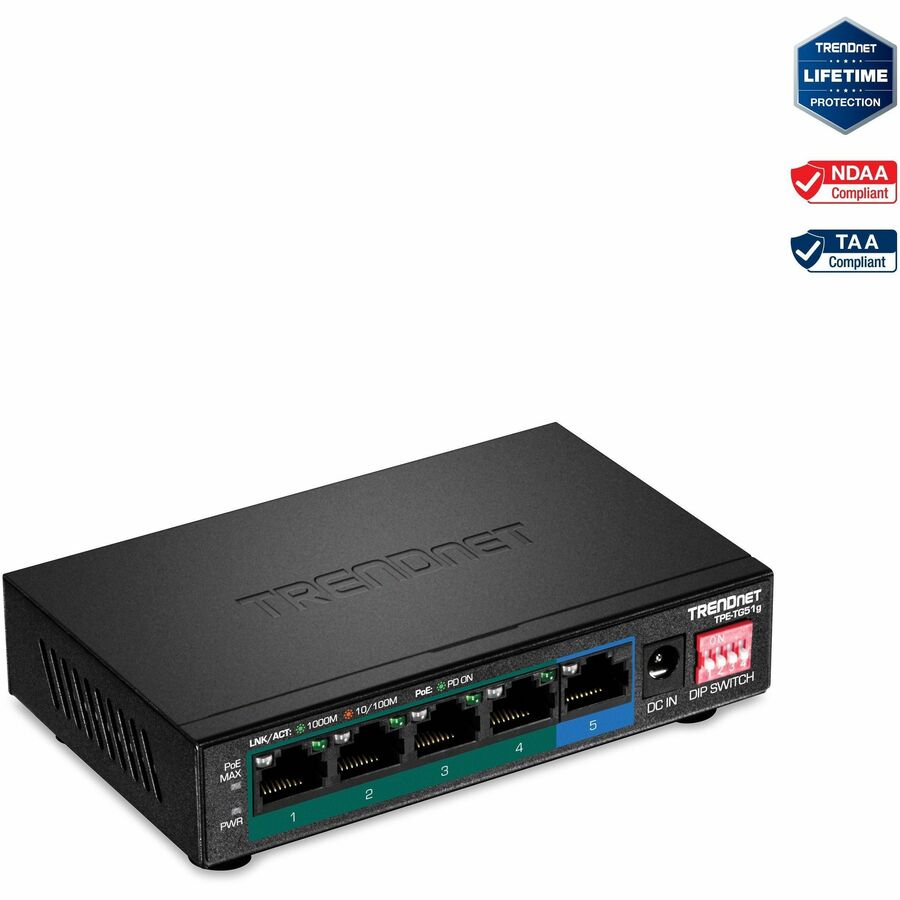 TRENDnet 5-Port Gigabit PoE+ Switch, Camera DIP Switch extends PoE+ 200m (656 ft.), 60W PoE Budget, Black, TPE-TG51g - 5 Ports - Gigabit Ethernet - 1000Base-T - 2 Layer Supported - Power Adapter - 64.... - TPE-TG51G - eCommerce Business Prime