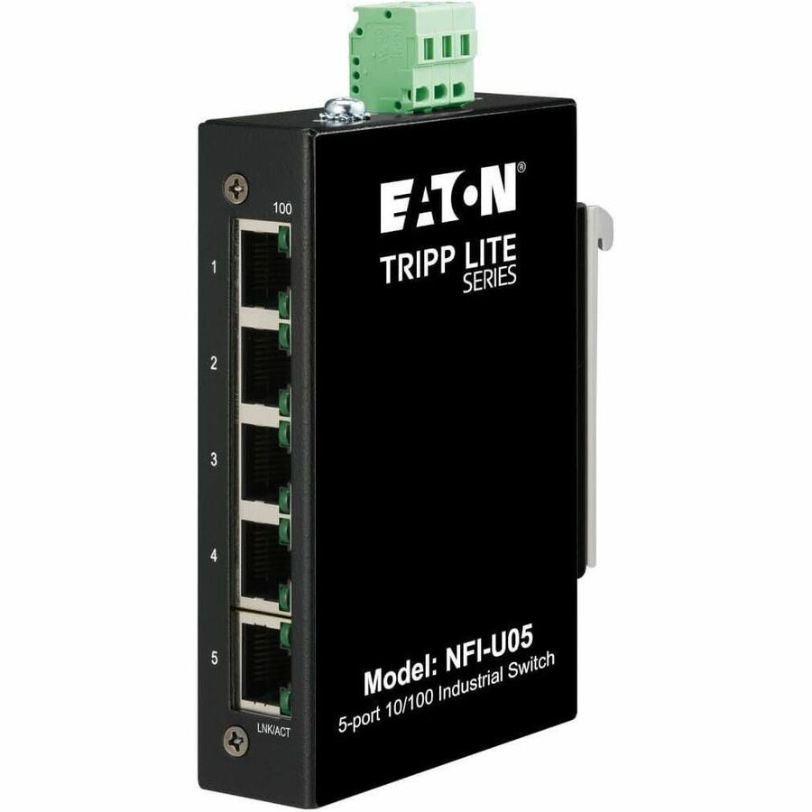 Tripp Lite Ethernet Switch Unmanaged 5Port Industrial DIN Mount 10/100 Mbps - 5 Ports - Fast Ethernet - 10/100Base-T - TAA Compliant - 2 Layer Supported - 3 W Power Consumption - Twisted Pair - DIN Ra... - NFI-U05