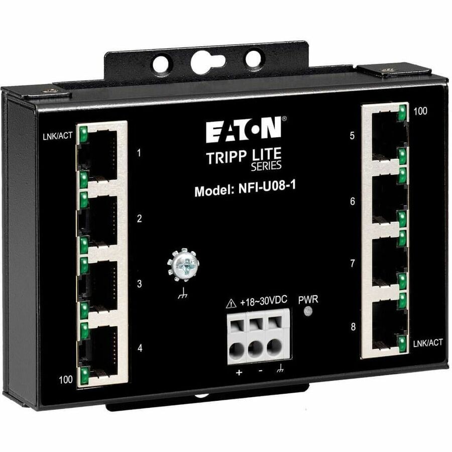 Tripp Lite Ethernet Switch Unmanaged 8Port Industrial Wallmount 10/100 Mbps - 8 Ports - Fast Ethernet - 10/100Base-T - TAA Compliant - 2 Layer Supported - 4 W Power Consumption - Twisted Pair - DIN Ra... - NFI-U08-1