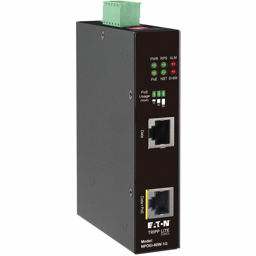 Tripp Lite Gigabit Ethernet PoE Injector Industrial 60W PoE++ IP30 1-Port - 57 V DC Input - 1 x Ethernet Input Port(s) - 1 x RJ-45 Output Port(s) - Black - NPOEI-60W-1G