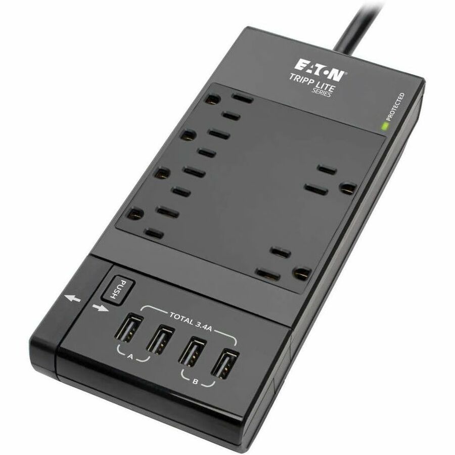 Tripp Lite Safe-IT Surge Protector 6Outlet 4 Retractable USB Ports 8ft Cord - 6 x NEMA 5-15R, 4 x USB - 1800 VA - 1080 J - 120 V AC Input - TLP68UBAM