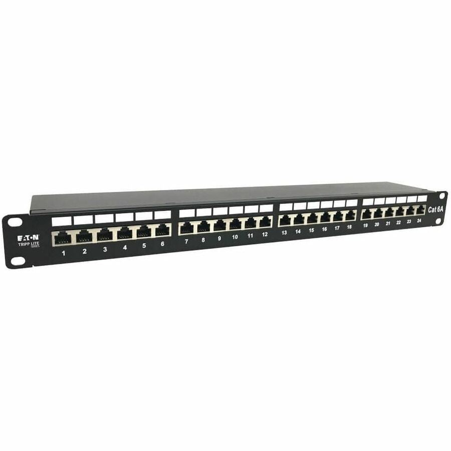 Tripp Lite 24-Port Cat6a Shielded Patch Panel - 10 Gbps, STP, 110 Punch Down, RJ45, 1U, TAA - 24 Port(s) - 24 x RJ-45 - 1U High - Black - TAA Compliant - N252-024-6A-SH
