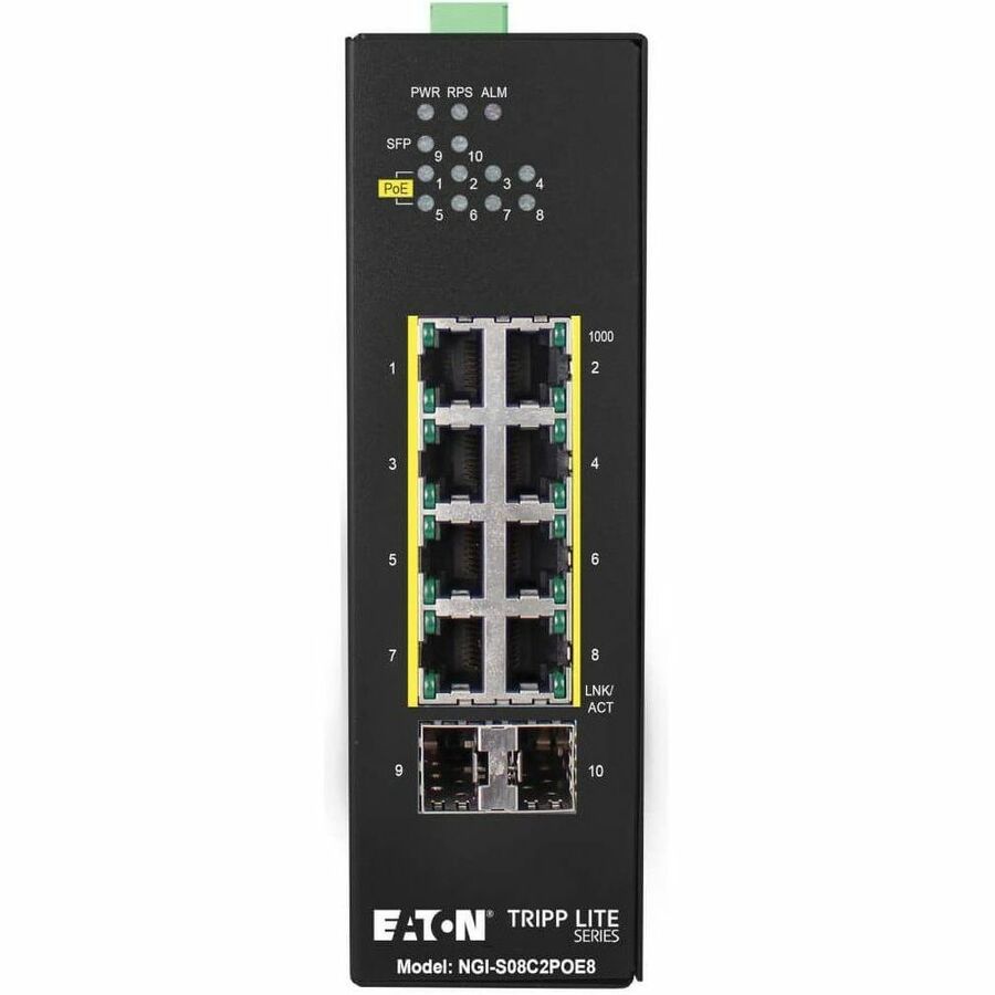 Tripp Lite 8-Port Lite Managed Industrial Gigabit Ethernet Switch - 10/100/1000 Mbps, PoE+ 30W, 2 GbE SFP Slots, -10° to 60°C, DIN Mount - 8 Ports - Manageable - Gigabit Ethernet - 10/100/1000... - NGI-S08C2POE8