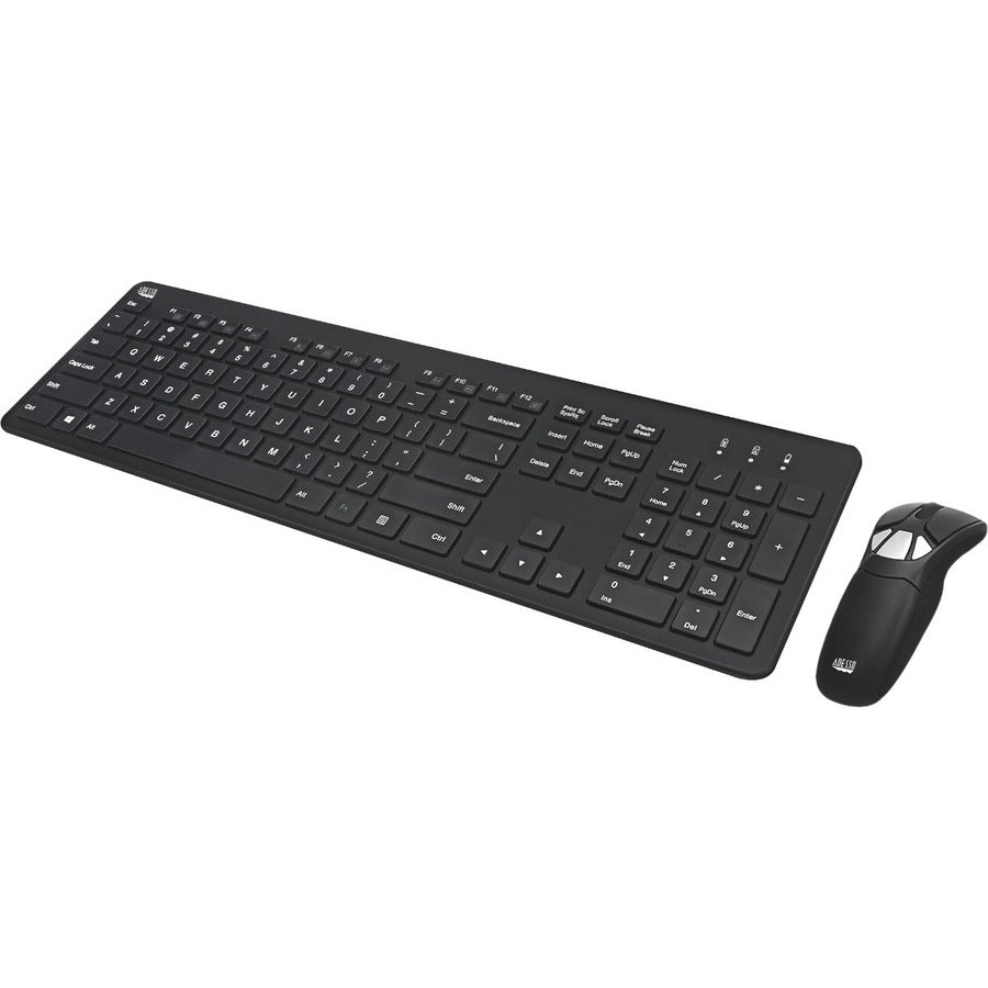 Adesso Air Mouse Go Plus With Full Size Keyboard - USB Scissors Wireless 2.40 GHz Keyboard - 104 Key - English (US) - USB Wireless Presentation Pointer - Play/Pause, Stop, Next Track, Previous Track, - WKB-5300CB