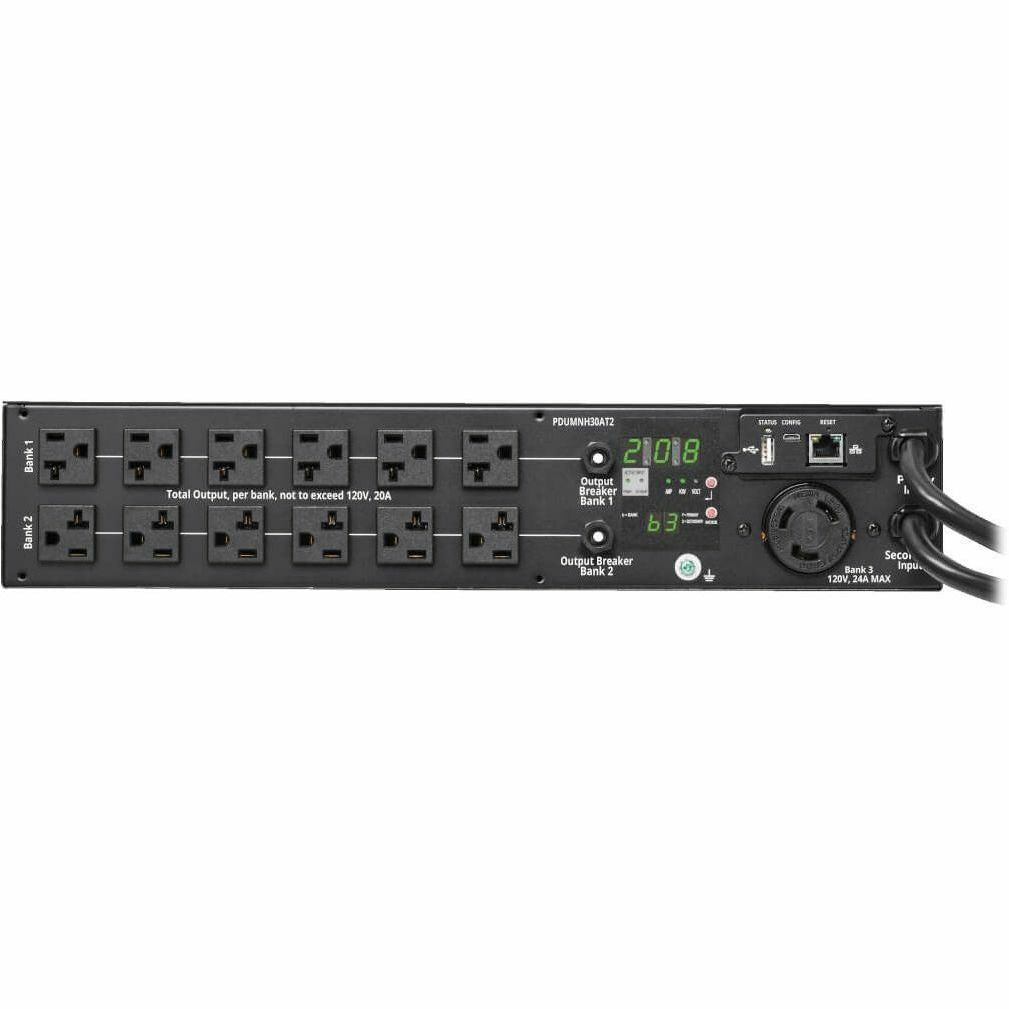 Tripp Lite 2.9kW 120V Single-Phase ATS/Monitored PDU - 24 5-15/20R & 1 L5-30R Outlets, Dual L5-30P Inputs, 10 ft. Cords, 2U, TAA - Monitored - NEMA L5-30P - 24 x NEMA 5-15/20R, 1 x NEMA L5-30R - 120 V - PDUMNH30AT2