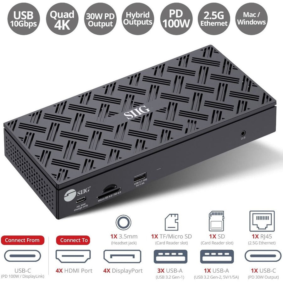 SIIG USB-C Quad Hybrid 4K Video Docking Station with 100W PD - USB-C to HDMI or DisplayPort - USB 10Gbps Data Transmission - 2.5G Ethernet